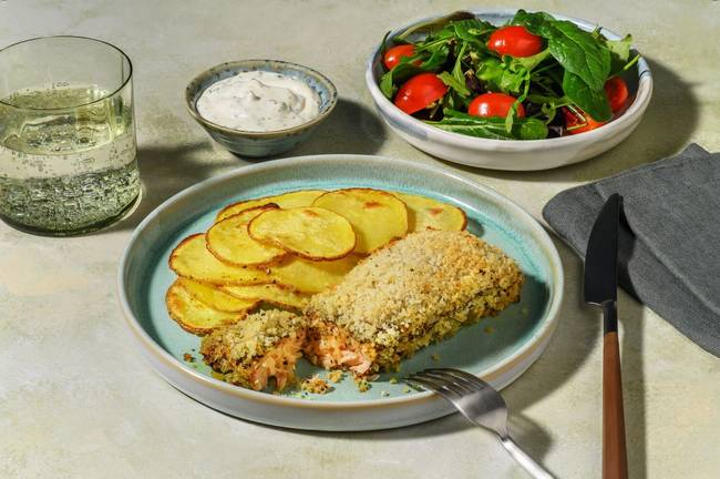 Crumbed Salmon & Golden Potato Rounds