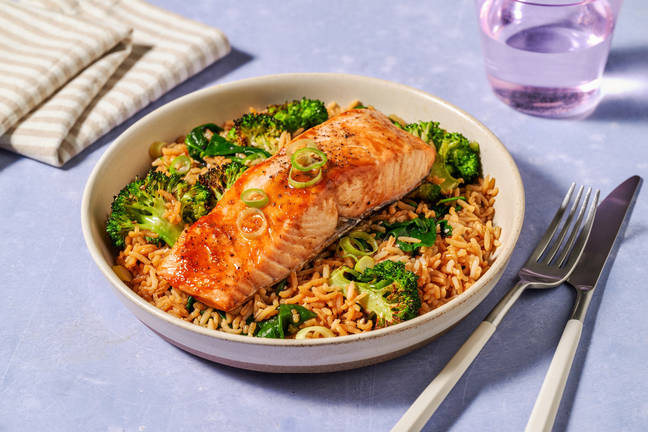 Sticky Teriyaki Salmon & Broccoli Rice Bake 
