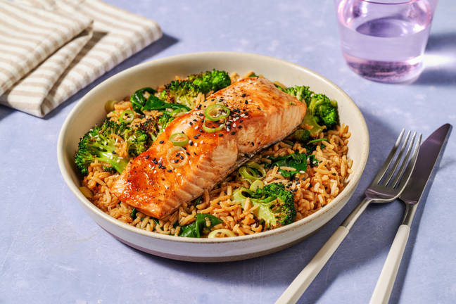 Sticky Teriyaki Salmon & Broccoli Rice Bake 