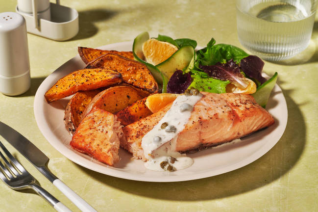 Easy Baked Salmon & Herby Caper Mayo