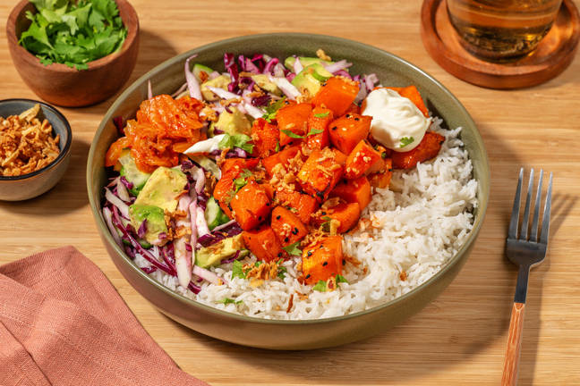 Sesame Roast Pumpkin & Kimchi Slaw Bowl