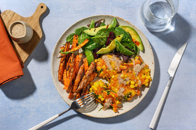 Spiced Corn Fritters & Avo-Pea Pod Salad