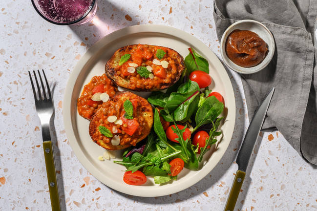 Lentil Loaded Spuds & Cherry Tomato Salad
