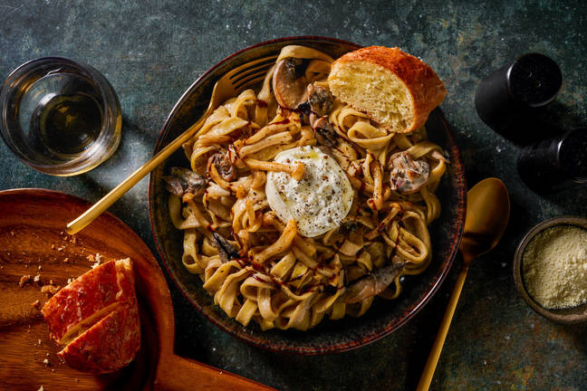 Burrata Topped Triple Mushroom Tagliatelle