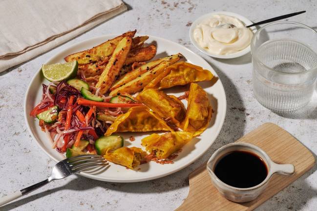 Chicken-Coriander Dumplings & Sesame Fries