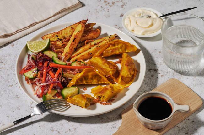 Chicken-Coriander Dumplings & Sesame Fries