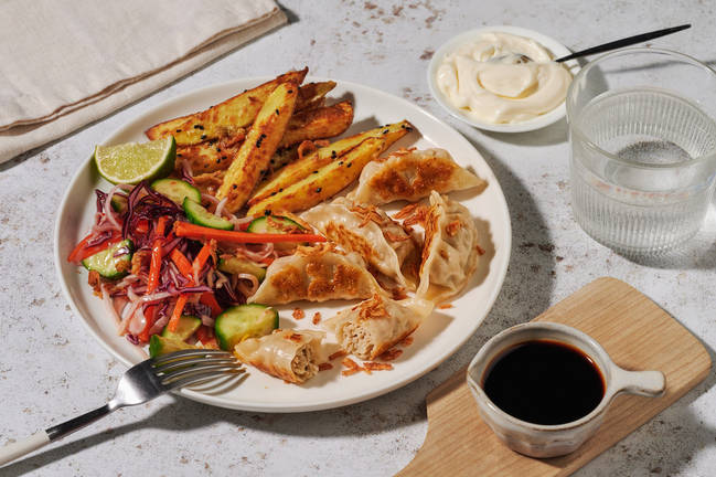 Chicken-Coriander Dumplings & Sesame Fries