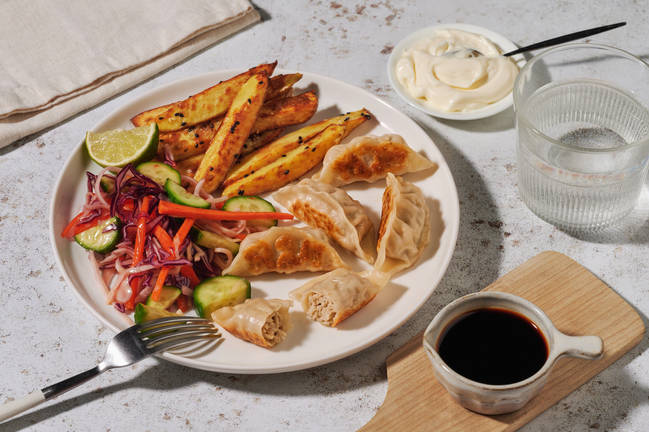 Chicken-Coriander Dumplings & Sesame Fries