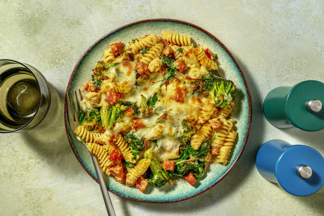 Cheesy Chorizo & Broccoli Pesto Pasta Bake