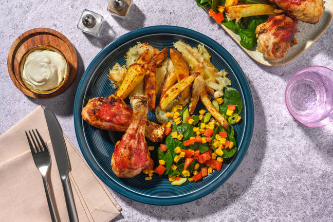 Cherry-BBQ Chicken Drumsticks & Cheesy Fries