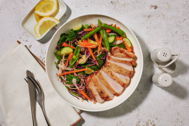Seared Pork Steak & Zingy Pea Pod Salad