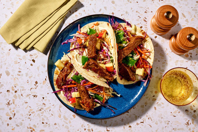 Japanese-Style Beef & Pea Pod Slaw Tacos