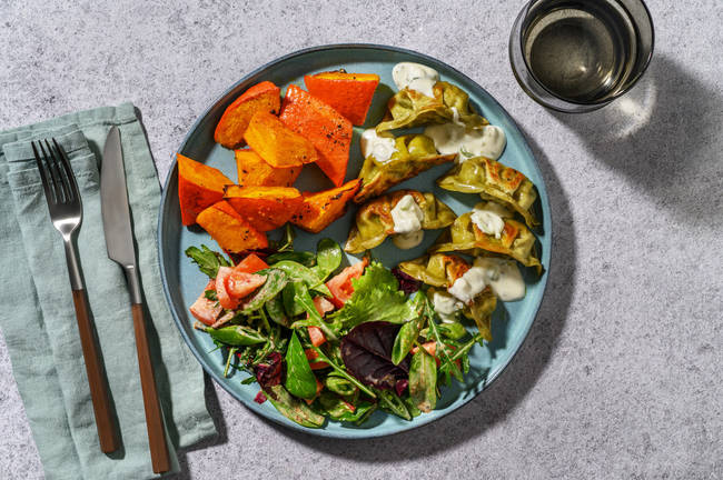 Veggie Gyozas & Spring Onion ‘Aioli’ 