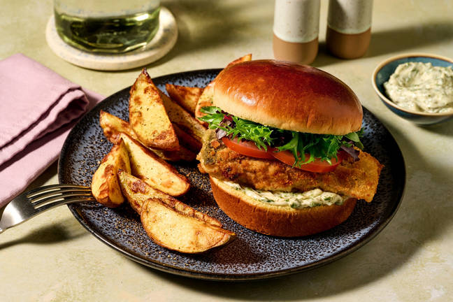 Crumbed Fish Burger & Potato Wedges
