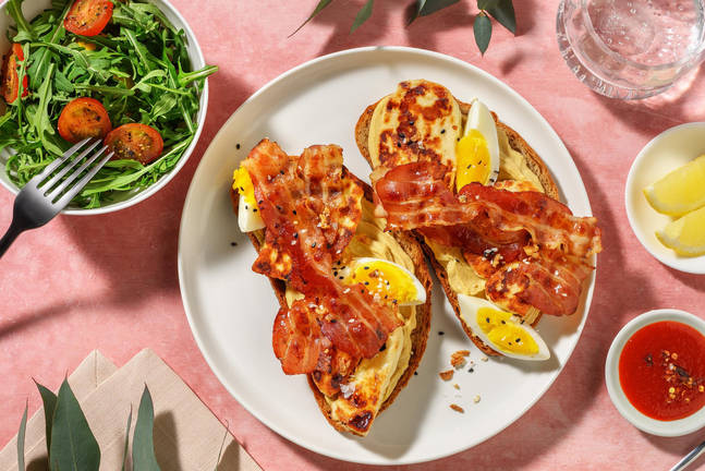 Crispy Bacon, Egg & Haloumi Sourdough Stack