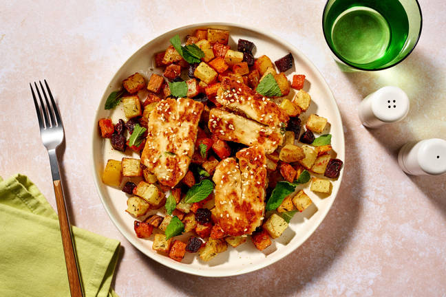 Honey-Sesame Halloumi & Roast Veggie Toss