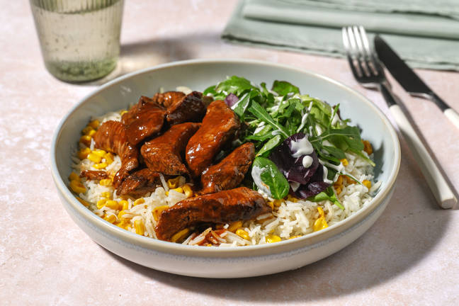 Quick BBQ-Glazed Beef & Charred Corn Rice