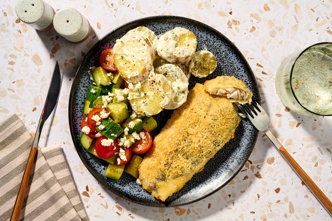 Golden Crumbed Fish & Greek-Style Salad