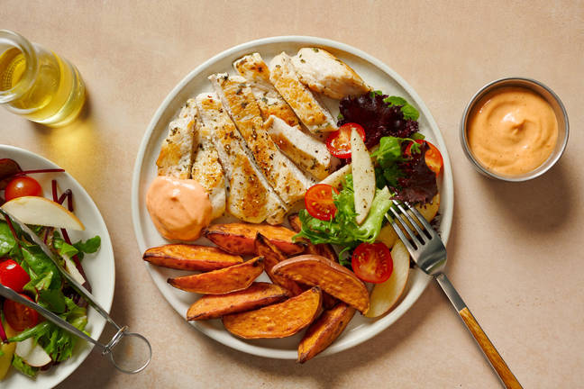 Garlicky Chicken & Sweet Potato Wedges