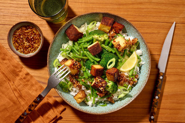 Marinated Tofu & Garlic Greens Rice Bowl
