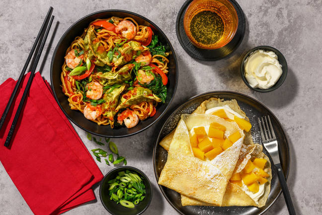 Salt-Pepper Prawn Noodles & Veggie Dumplings for Dinner