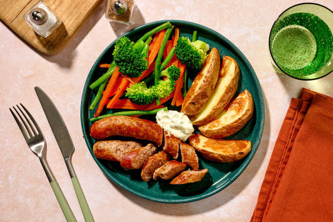 Herby Pork Sausages & Crispy Wedges