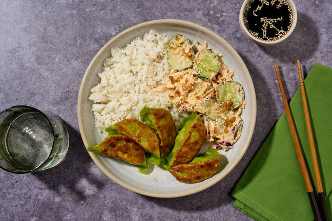 Crispy Veggie Gyoza & Sriracha Mayo Slaw