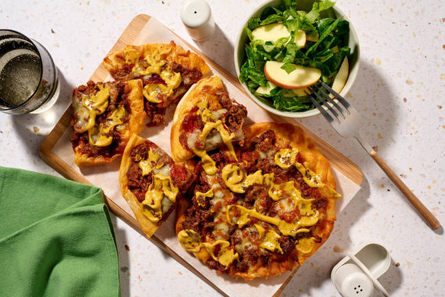 Quick Beef Cheeseburger Flatbread Pizzas