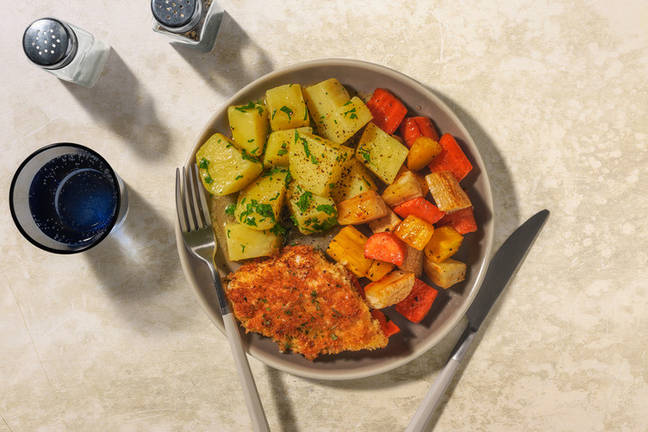 Cheddar-Crusted Barramundi & Honey Root Veg