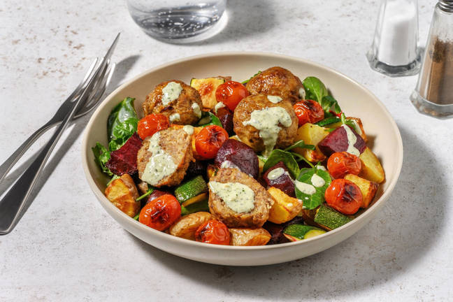 Herby Beef-Pork Meatballs & Veggie Toss