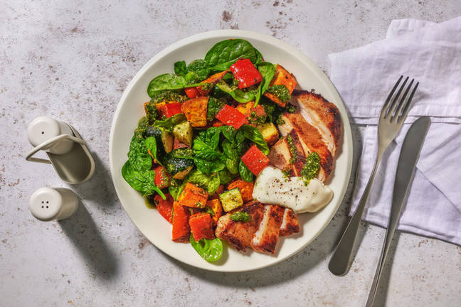 Pesto-Topped Pork & Roast Veggie Medley