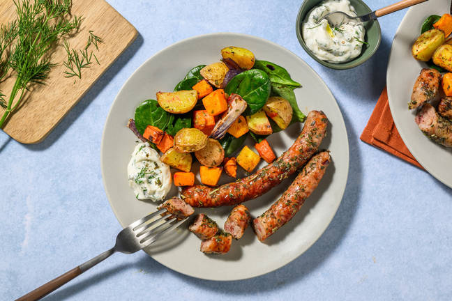 Pork Sausage & Roast Veggie Traybake
