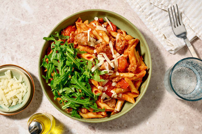 Spicy Pork Sausage & Penne Arrabbiata Bake