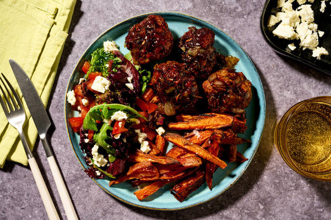 Chutney-Glazed Pork Rissoles & Fetta Salad