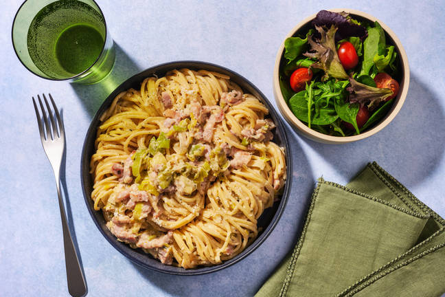 Creamy Mustard, Bacon & Leek Speedy Spaghetti
