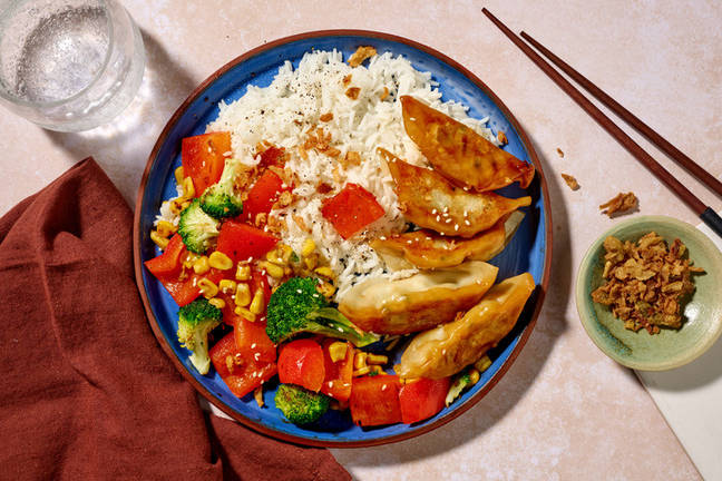 Teriyaki-Glazed Pork Dumplings & Rice