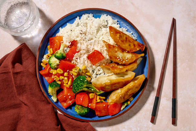 Teriyaki-Glazed Pork Dumplings & Rice