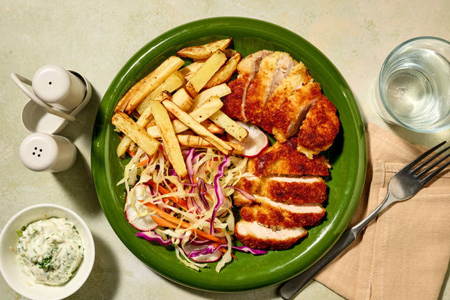 Easy Crumbed Pork Schnitzel & Veggie Fries