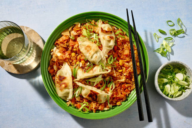 Pork Dumplings & Cheesy Kimchi Fried Rice