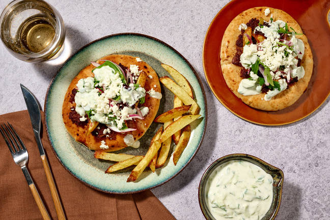 Smashed Greek Beef Flatbreads & Spiced Fries