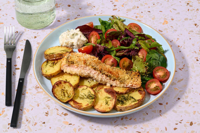Crumbed Salmon & Golden Potato Rounds