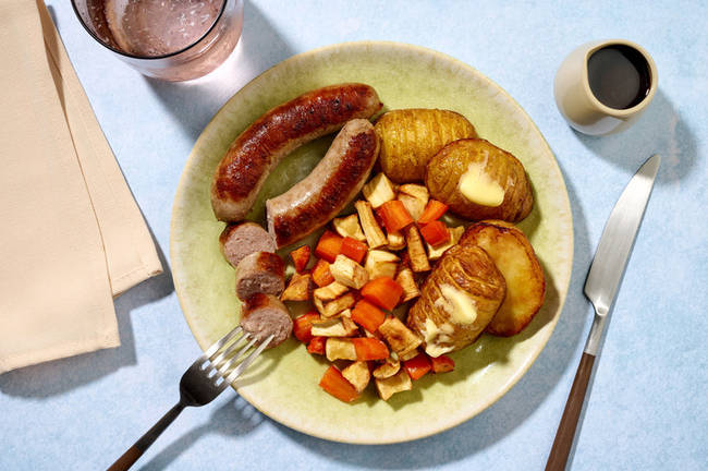 Lemon-Herb Chicken Sausages & Honey Roast Veg