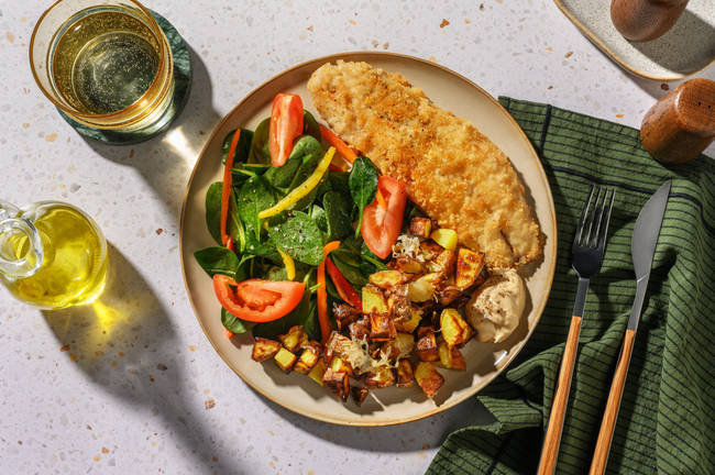 Easy Crumbed Fish & Cheesy Roast Potatoes