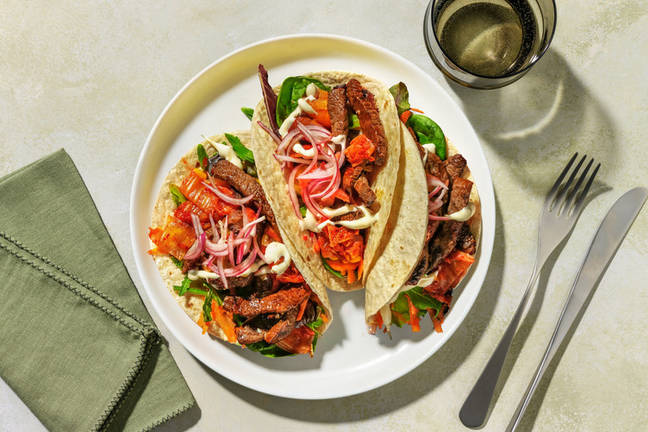 Asian-Style Beef & Kimchi Tacos