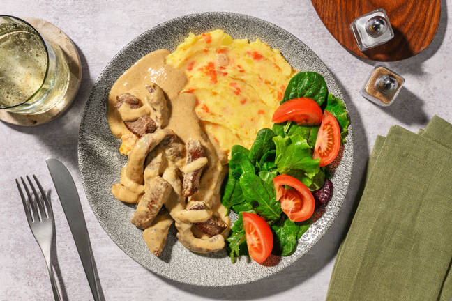 Velvety Mustard Beef & Carrot-Potato Mash