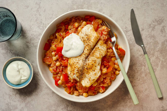 Pan-seared Mexican Spiced Basa on Mediterranean Grains