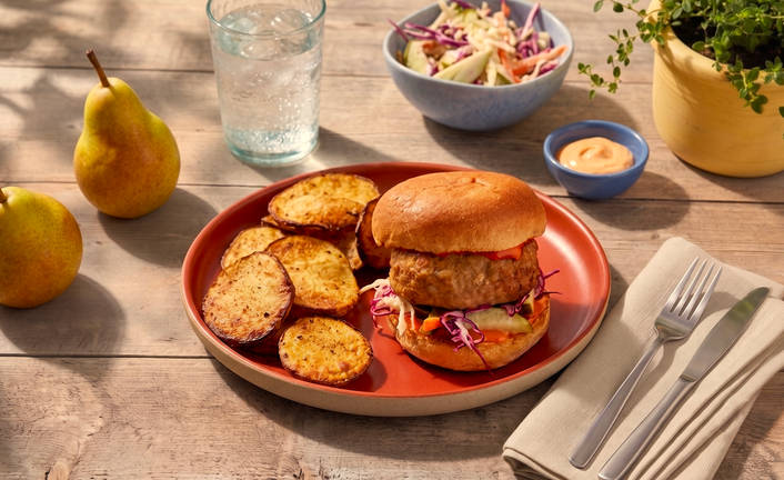 Hoisin-Glazed Pork Burgers with Pear Slaw, Potato Coins and Spicy Mayo