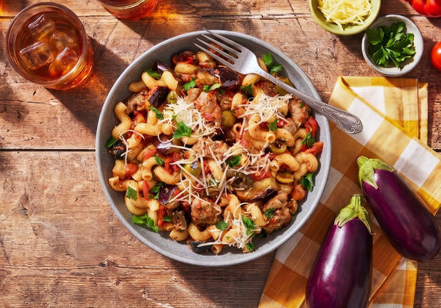 Cavatappi with Sausage, Eggplant Caponata, Olives and Sweet Pepper Marinara