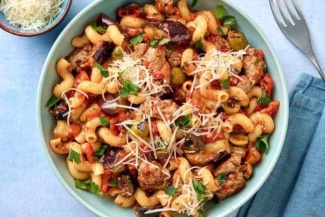Cavatappi with Sausage, Eggplant Caponata, Olives and Sweet Pepper Marinara