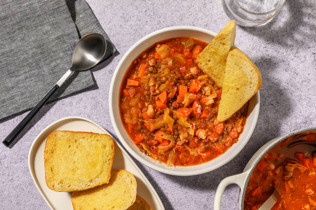 German Lisensuppe Inspired Bacon and Lentil Soup